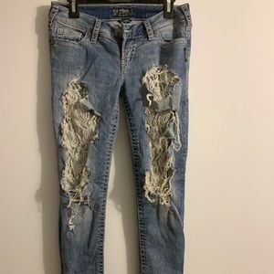 Lace distressed silver jeans